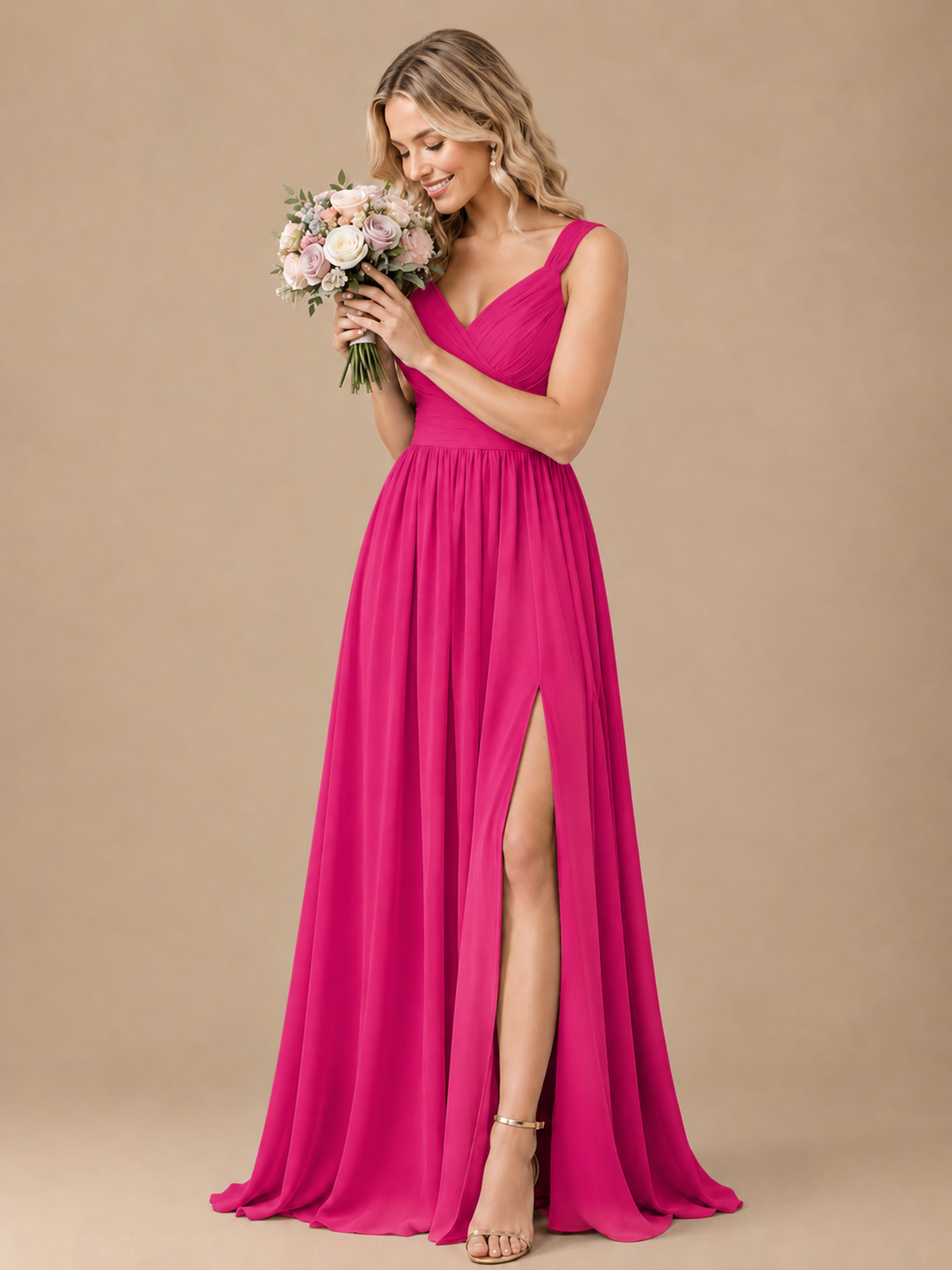 Pleated Chiffon V Neck Wedding Bridesmaid Dresses Floor Length with Slit