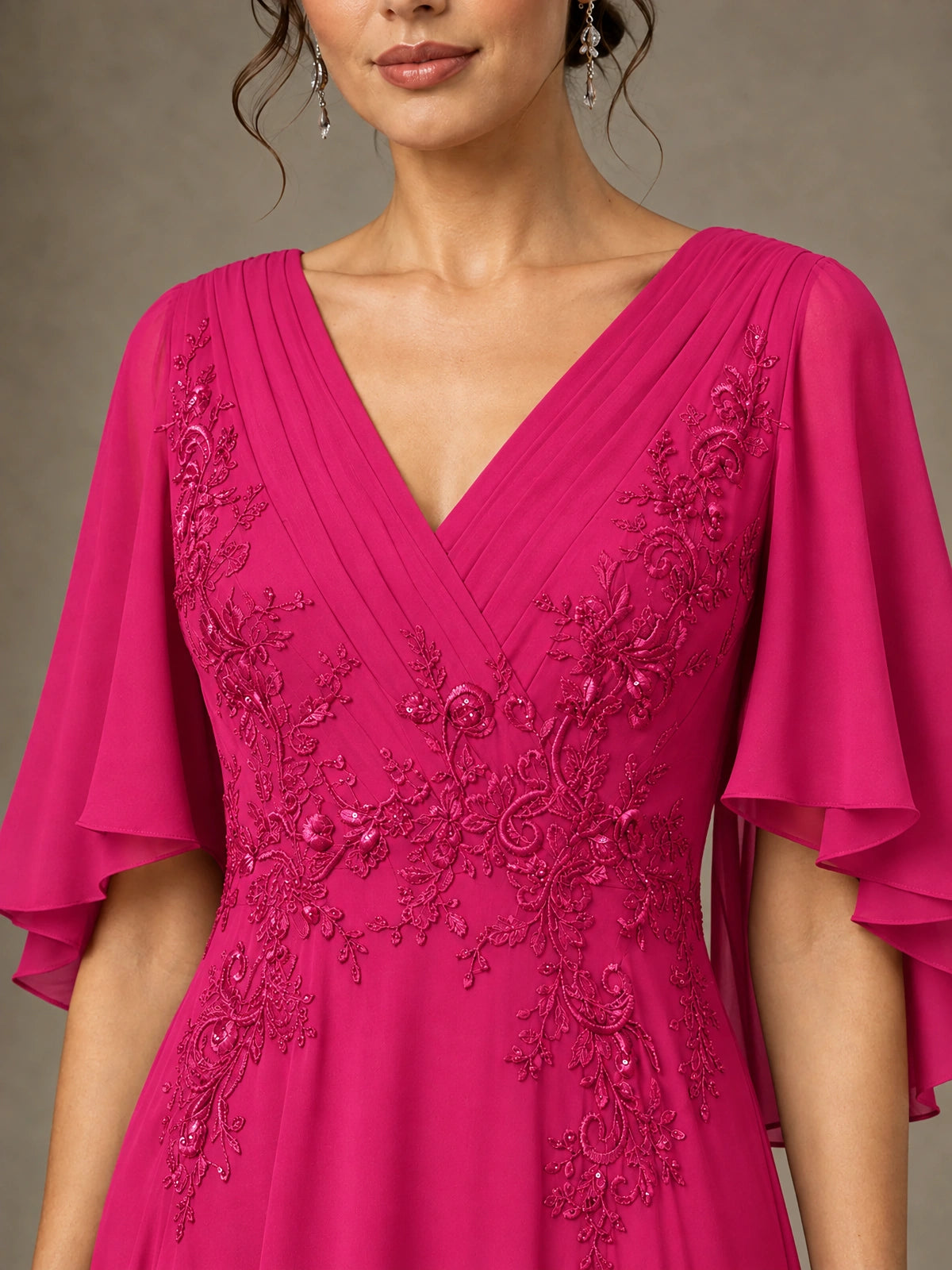 V-Neck Chiffon Lace Mother of the Bride Dress with Flutter Sleeves