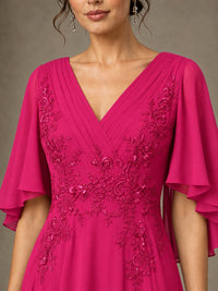 V-Neck Chiffon Lace Mother of the Bride Dress with Flutter Sleeves
