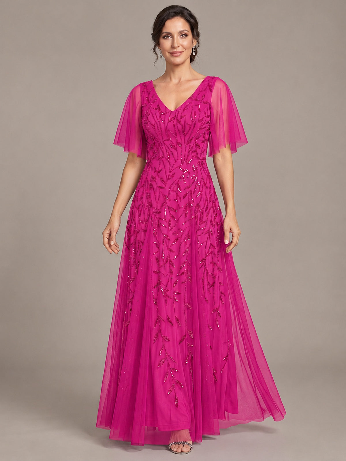 V-Neck Sequin Tulle Mother of the Bride Dress with Flutter Sleeve