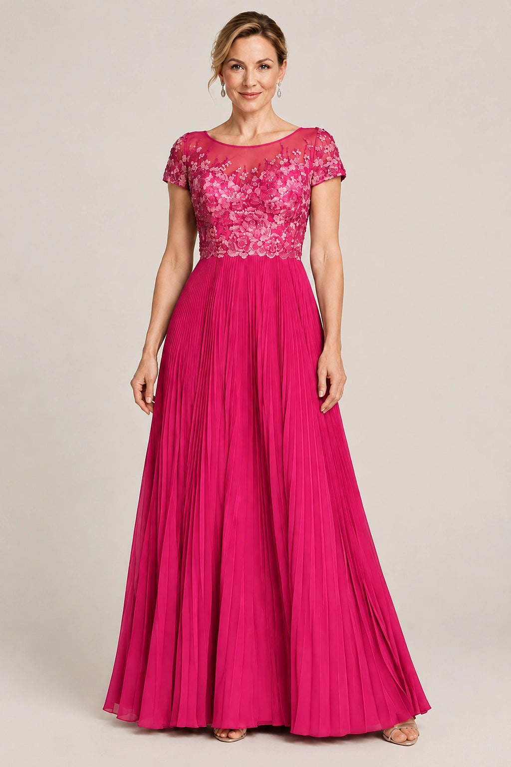Embroidered Lace Pleated Mother of the Bride Dress
