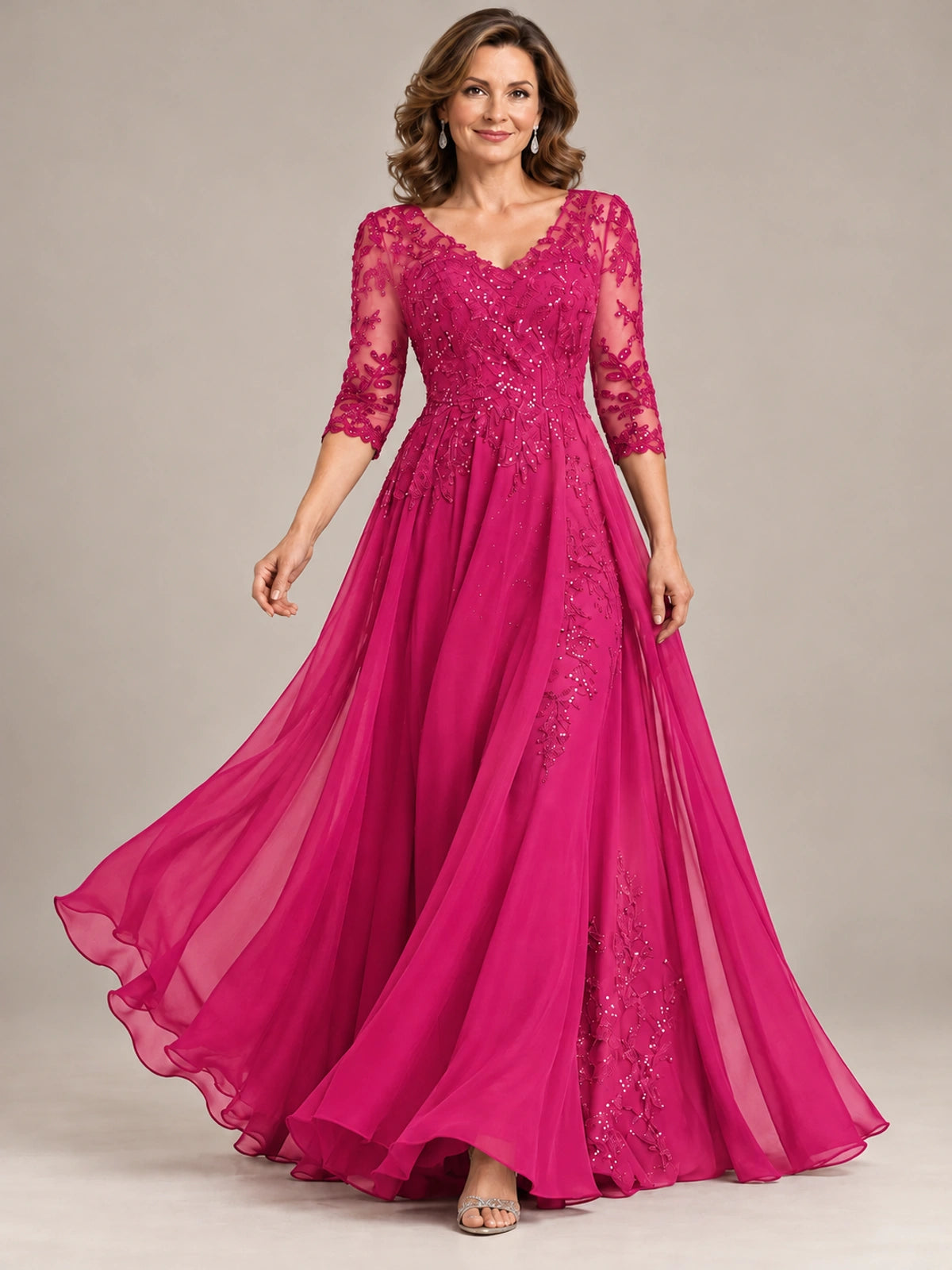 Sequin Lace A-Line Mother of the Bride Dress with 3/4 Sleeves