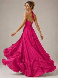 Halter V Neck Chiffon Formal Dress with Lace-Up Back and Ruffle Hem