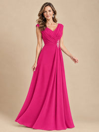 V Neck Pleated Mother of The Bride Dresses with Beading Cap Sleeves