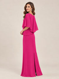 Cape Sleeve Mother of the Bride Dress with Asymmetrical Overlay