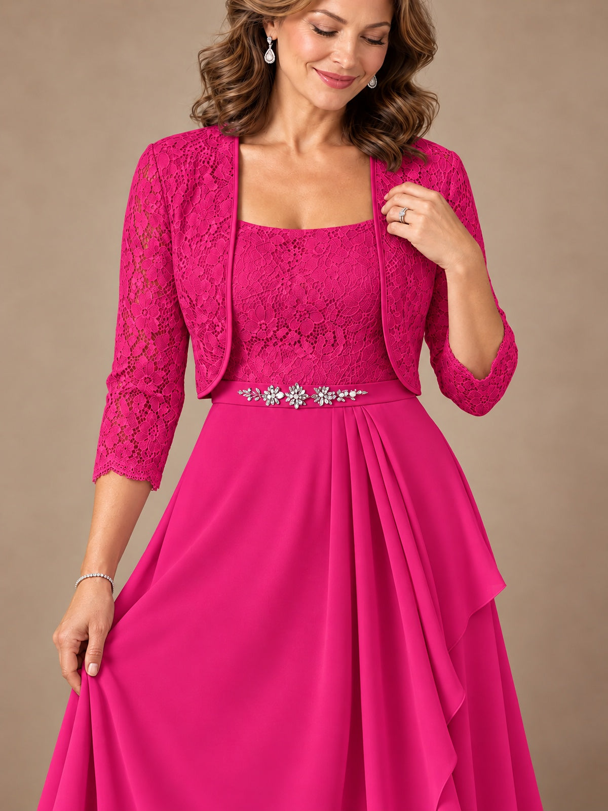 Blush Pink A-Line Mother of the Bride Dress with Lace Jacket and Ruffles