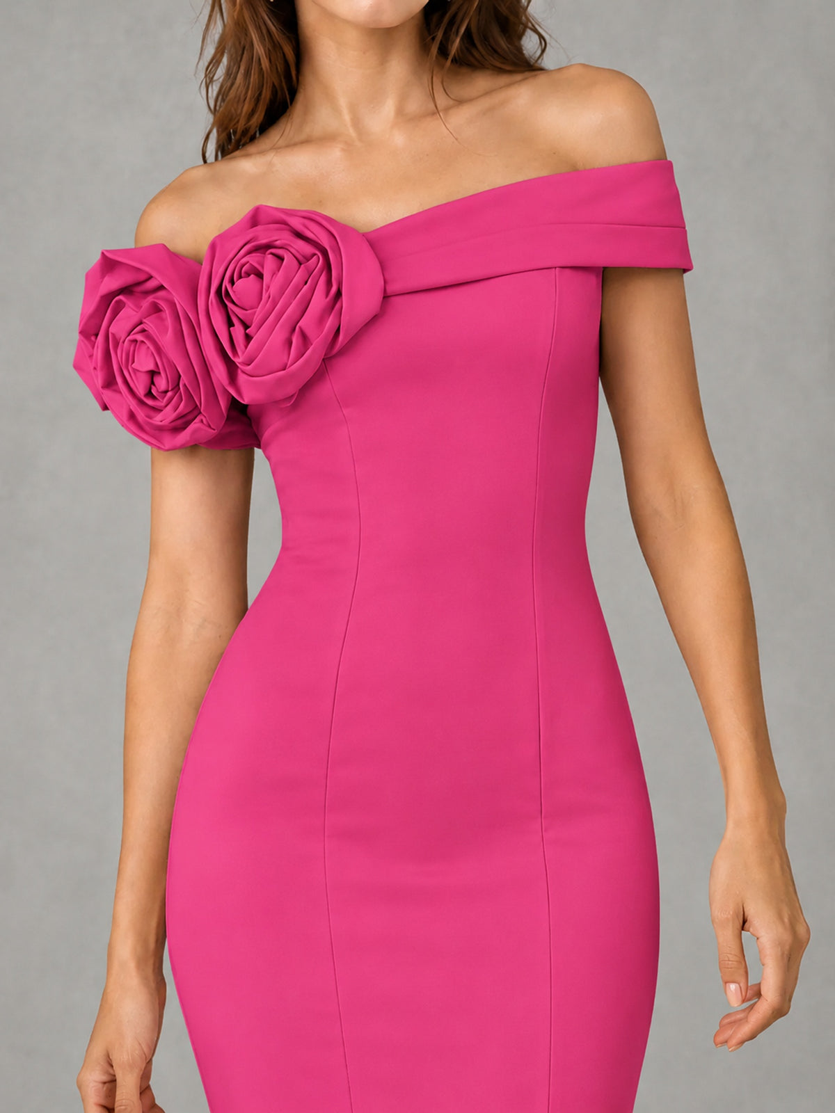 Blush Pink Off Shoulder Mermaid Bridesmaid Dress with Floral Rosette