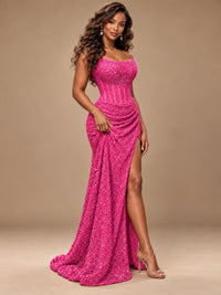 Gold Sequin Strapless Corset Prom Dress with High Slit