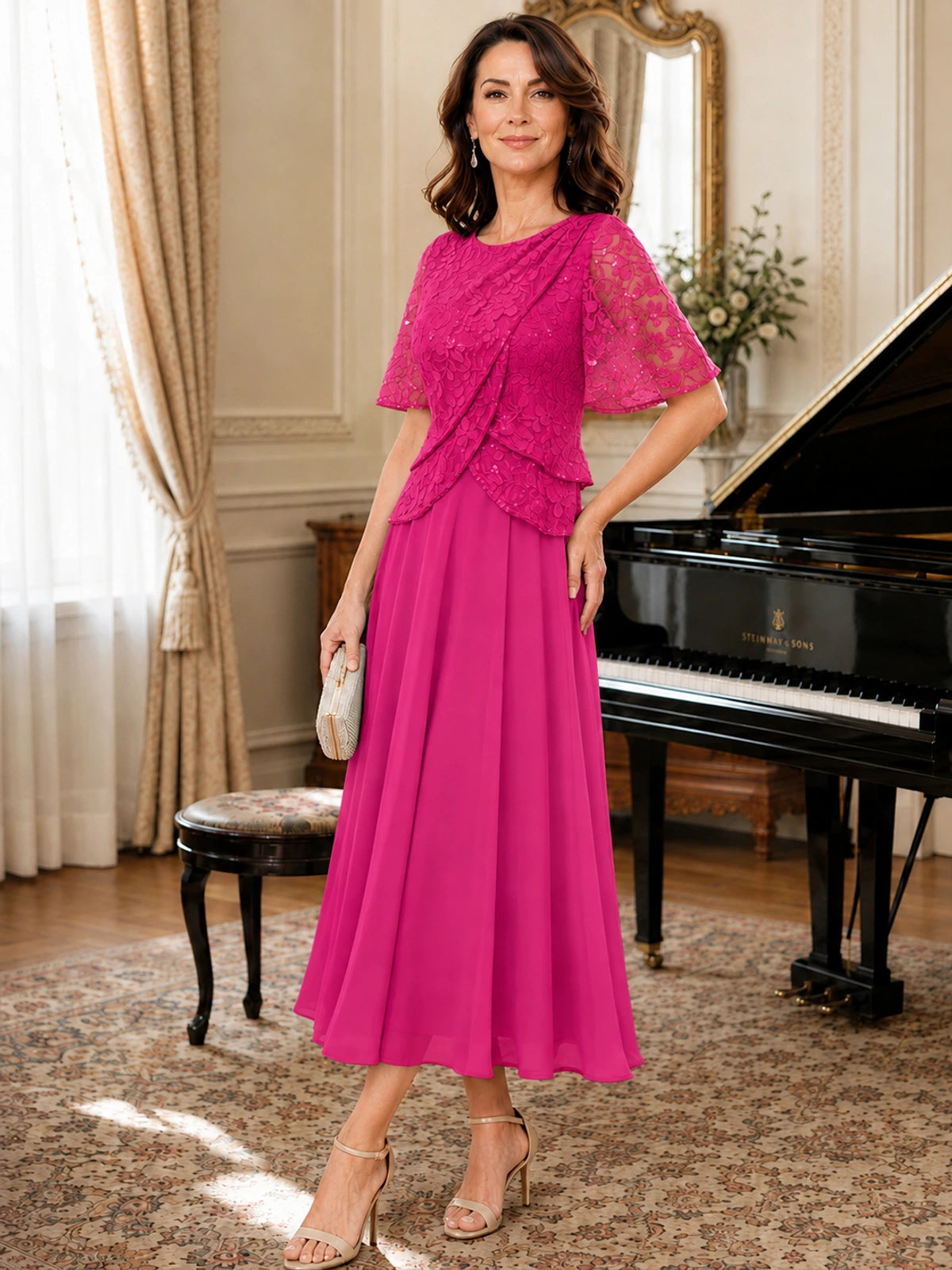 Tea-Length Chiffon Mother of the Bride Dress with Sequin Lace Sleeves