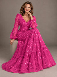 Floral Sequin Embroidered A-Line Mother of the Bride Dress with Long Sleeves