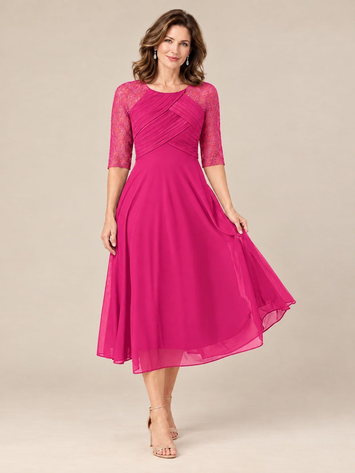 Tea-Length Mother of the Bride Dress with Lace 3/4 Sleeves