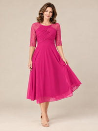 Tea-Length Mother of the Bride Dress with Lace 3/4 Sleeves