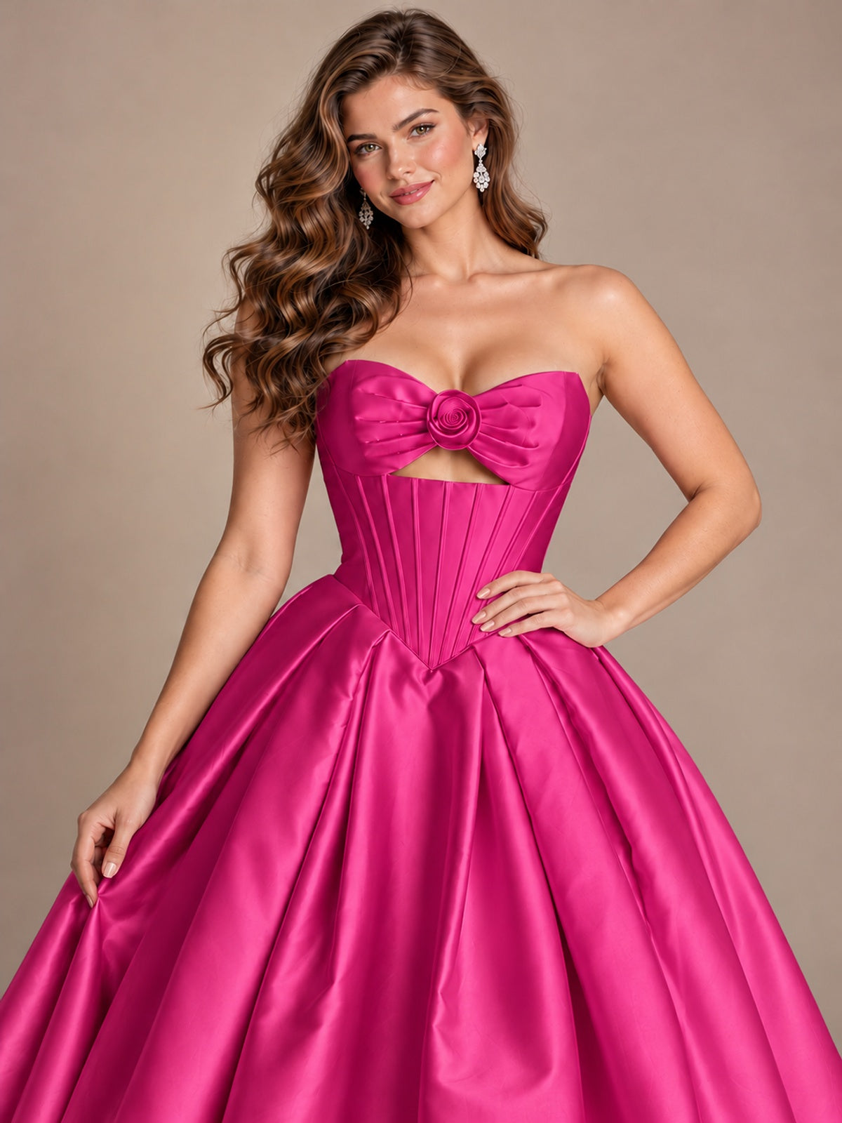 Pink Strapless Corset Satin Prom Derss & Ball Gown with 3D Floral