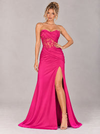 Strapless Satin Prom Dress with Sheer Lace Corset & High Slit