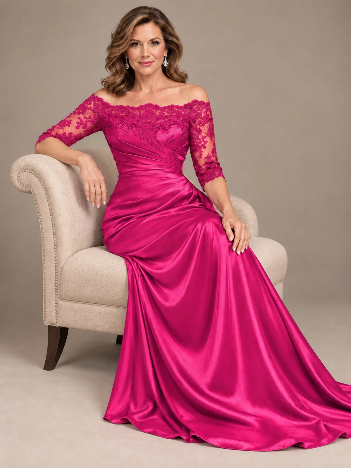 Satin Mother of the Bride Dress with Lace Sleeves Off Shoulder Formal Gown