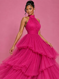 Hot Pink Tulle Halter Neck Tiered Ruffle Maxi Dress