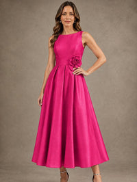 Tea-Length Satin Mother of the Bride Dress with 3D Flower Detail