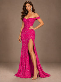 Off the Shoulder Corset Sequin Mermaid Prom Dress with Slit