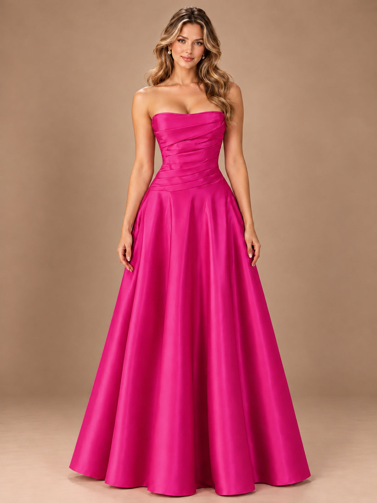 Blush Pink Strapless Satin A-Line Prom Dress with Ruched Bodice