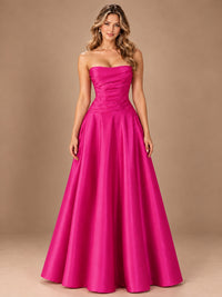 Blush Pink Strapless Satin A-Line Prom Dress with Ruched Bodice