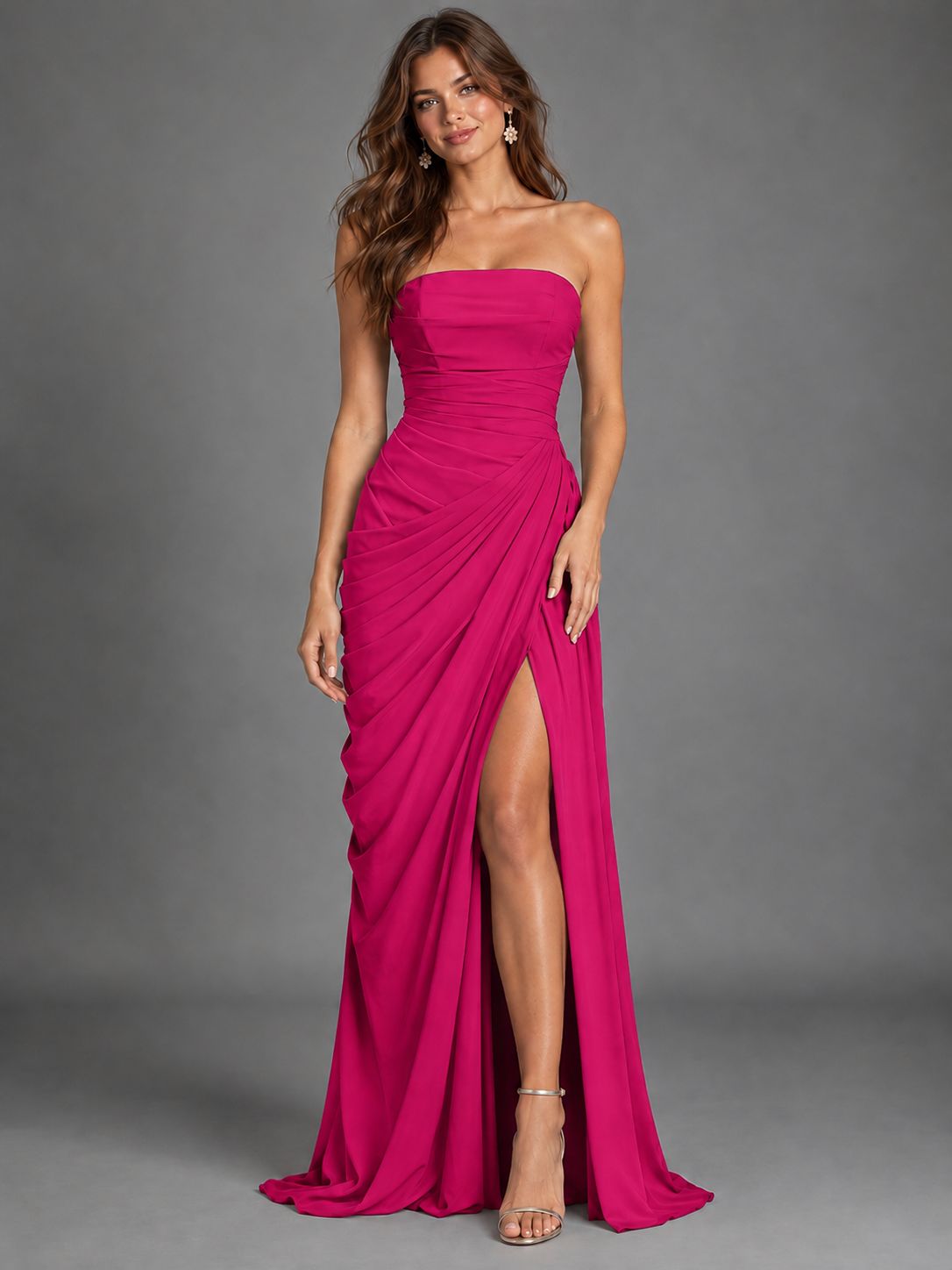 Strapless Bodycon Pleated Chiffon Formal Dress with Slit