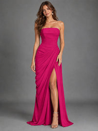 Strapless Bodycon Pleated Chiffon Formal Dress with Slit