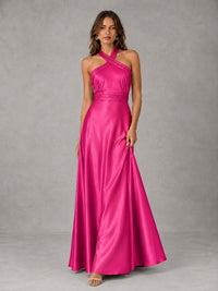 Sage Green Satin A-Line Bridesmaid Dress with Halter Neck
