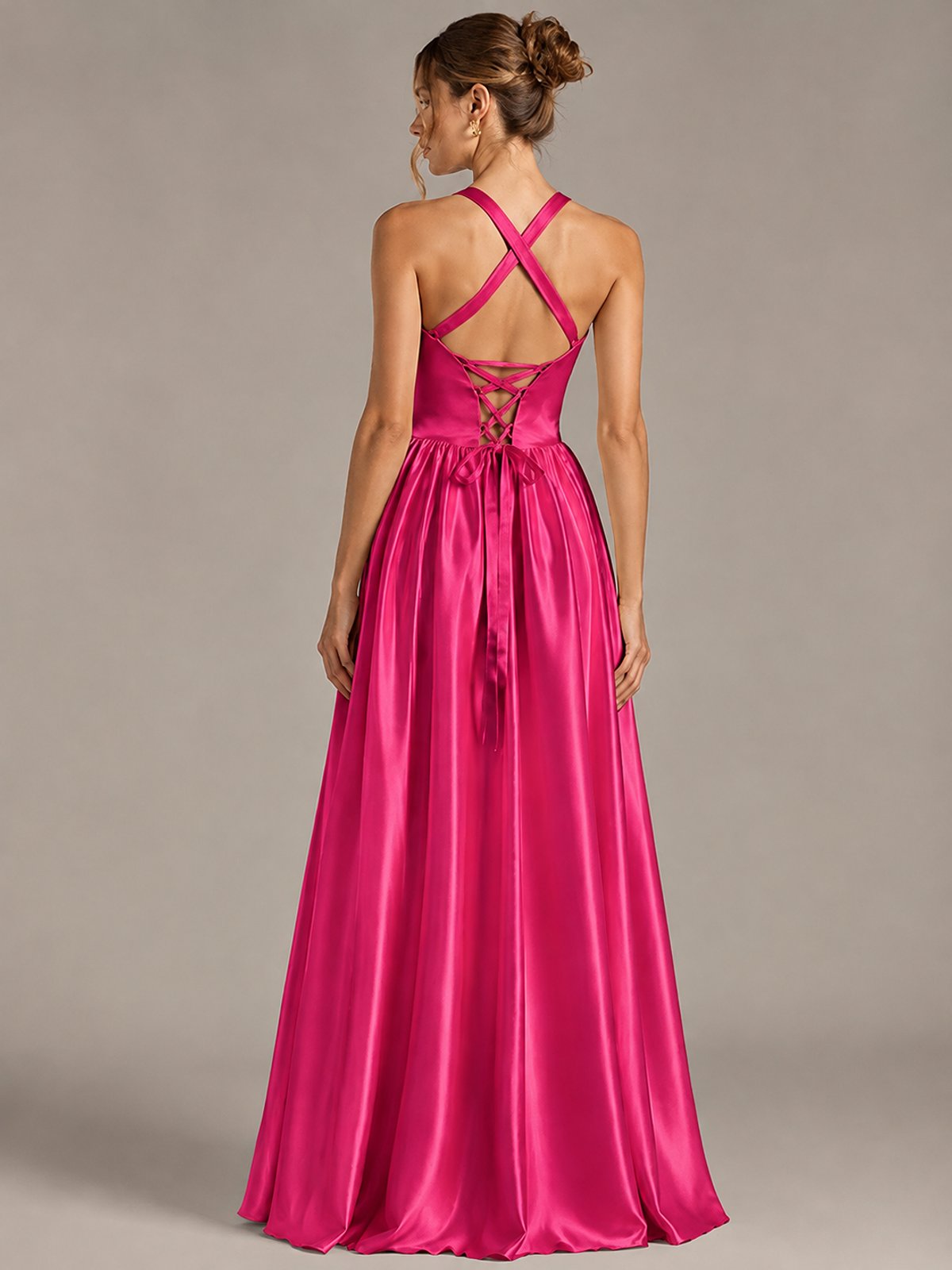 Light Yellow Halter Neck Satin A-Line Maxi Dress with Pockets