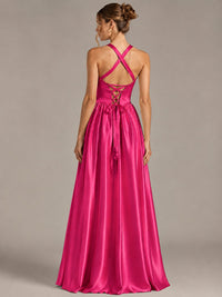 Light Yellow Halter Neck Satin A-Line Maxi Dress with Pockets