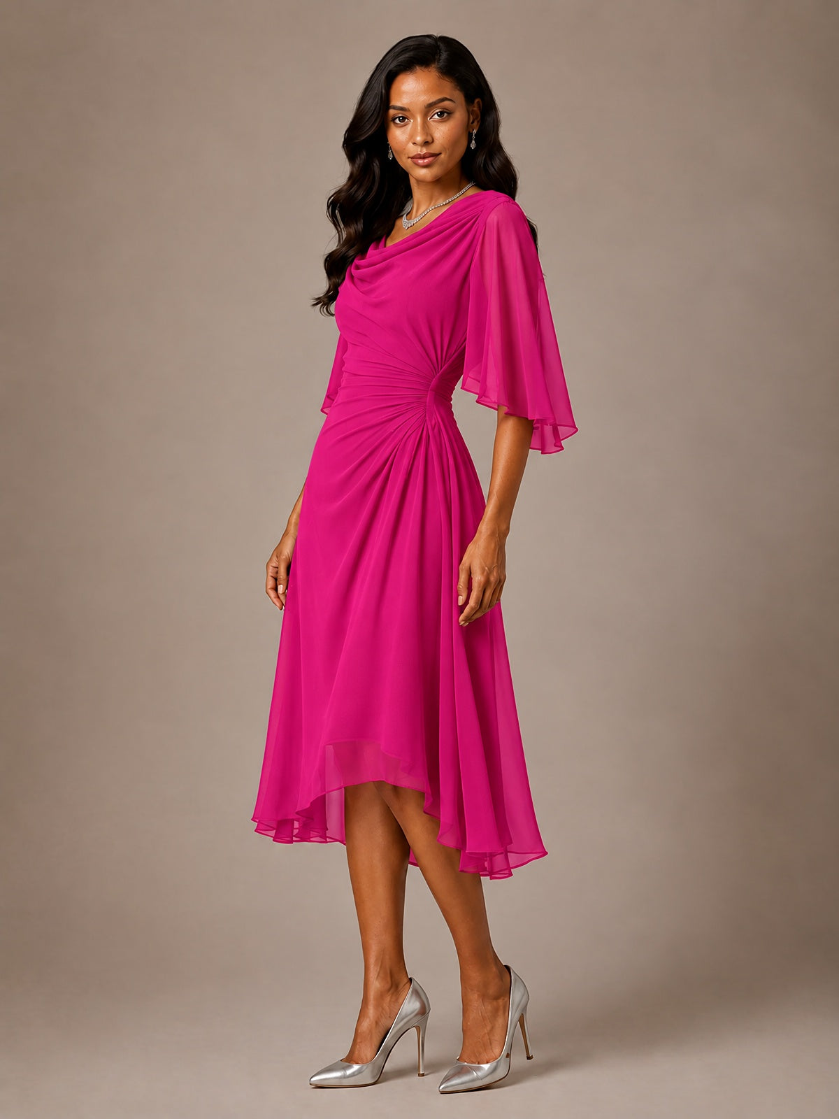 Cowl Neck Ruched Chiffon Mother of the Bride Dresses with Flutter Sleeves