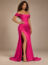 Burgundy Off-the-Shoulder Satin Corset Prom Dress with Slit