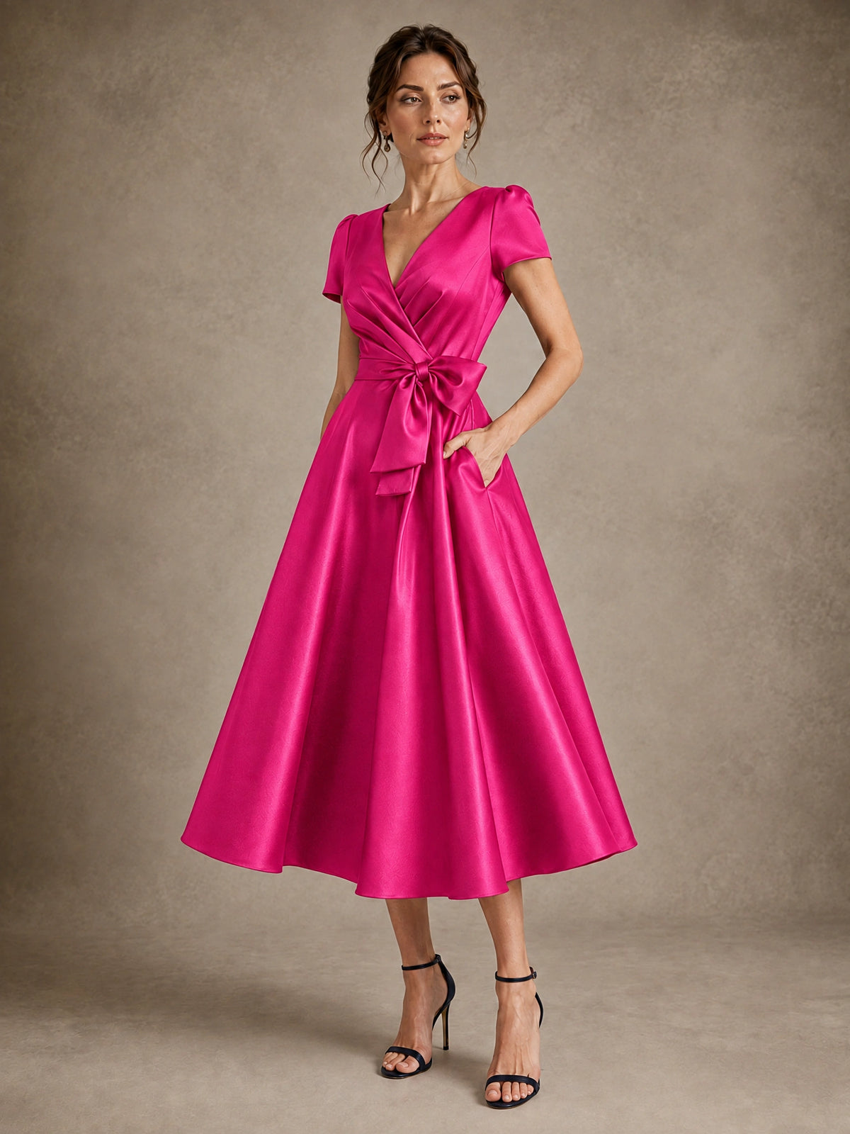 V-Neck Tea-Length Satin Mother of the Bride Dress with Bow