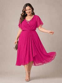 Navy Blue A-Line V-Neck Tea-Length Mother of the Bride Dress