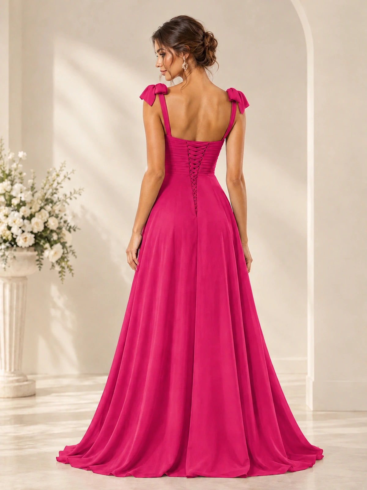 Ruffle Slit Chiffon A Line Scoop Neck Bridesmaid Dresses with Pockets