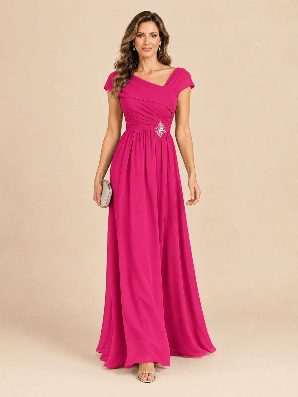 Cap Sleeve Mother of The Bride Dresses Long Chiffon Formal Gowns