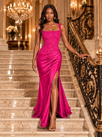 Scoop Neck Sequin Prom Dress with High Slit Satin Formal Gowns