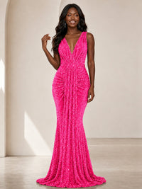 Sequin Mermaid Prom Dress with V-Neck and Ruched Waist