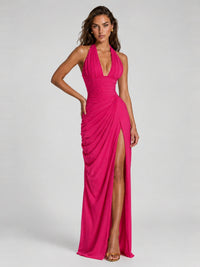 Ruched Halter Neck High-Slit Prom & Evening Dress