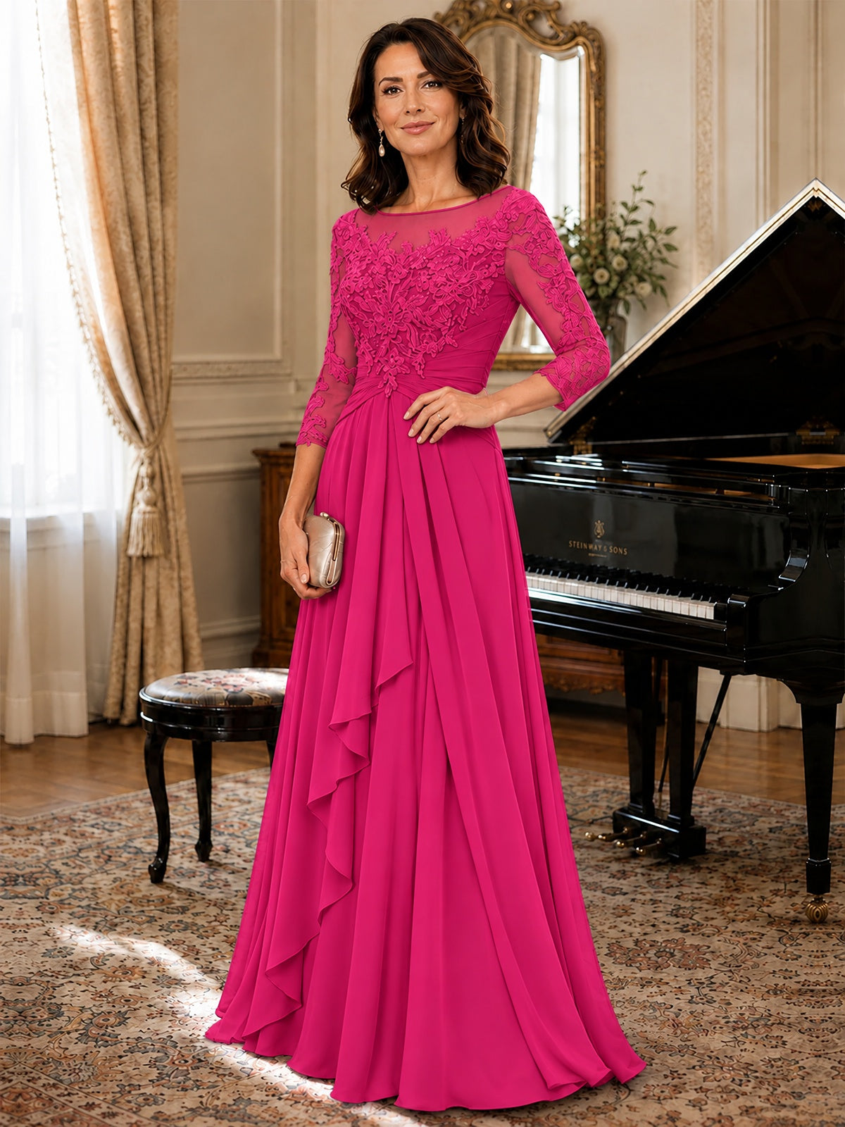 A-Line Chiffon Mother of the Bride Dress with Floral Applique 3/4 Sleeves
