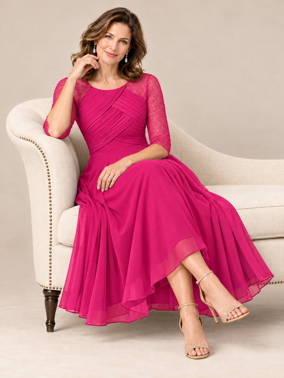 Tea-Length Mother of the Bride Dress with Lace 3/4 Sleeves