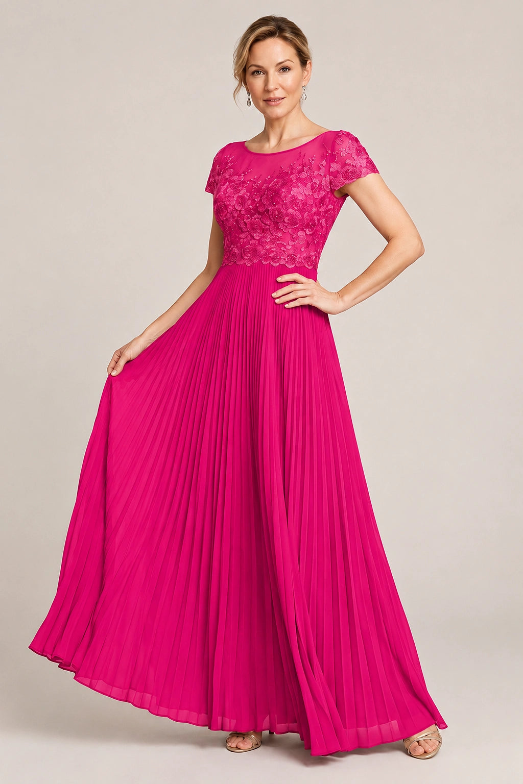 Embroidered Lace Pleated Mother of the Bride Dress