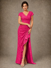 V-Neck Floral Jacquard Mother of the Bride Dress with Slit
