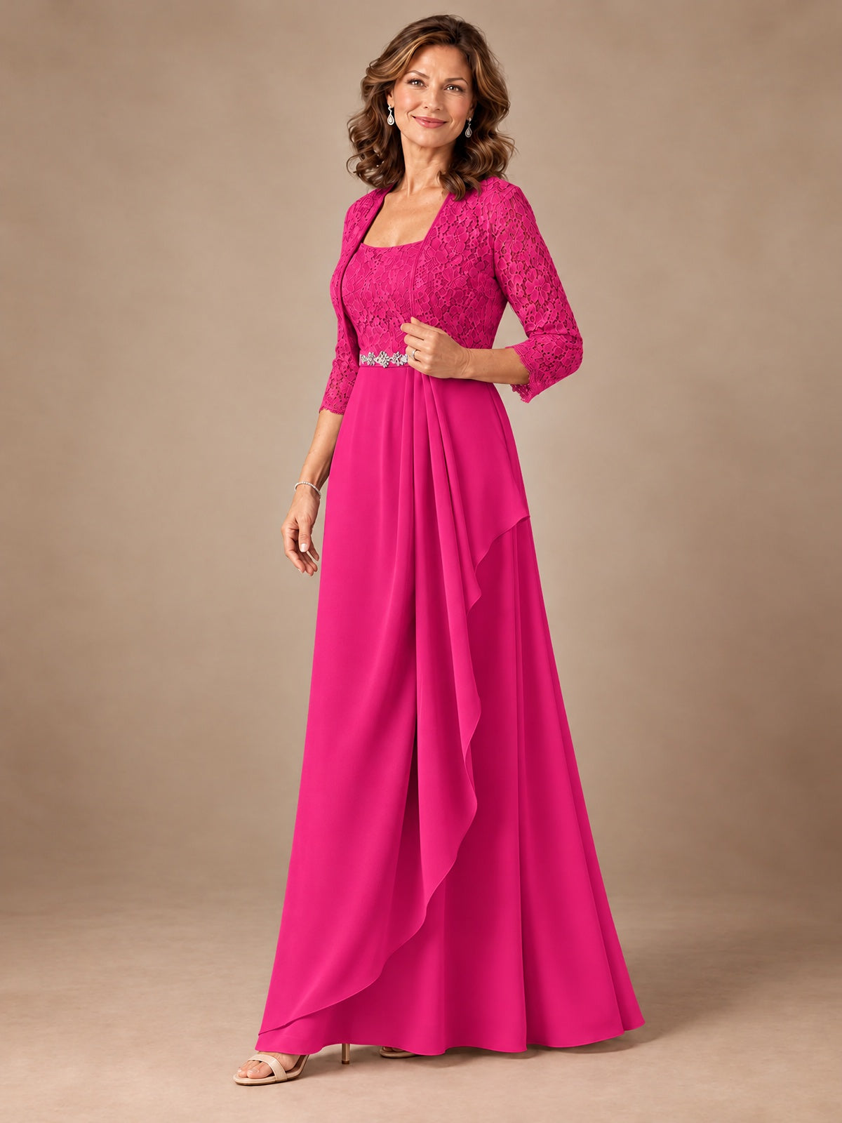 Blush Pink A-Line Mother of the Bride Dress with Lace Jacket and Ruffles