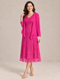 Tea Length Sequin Lace Mother of the Bride Dress with Chiffon Jacket