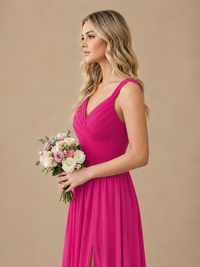 Pleated Chiffon V Neck Wedding Bridesmaid Dresses Floor Length with Slit