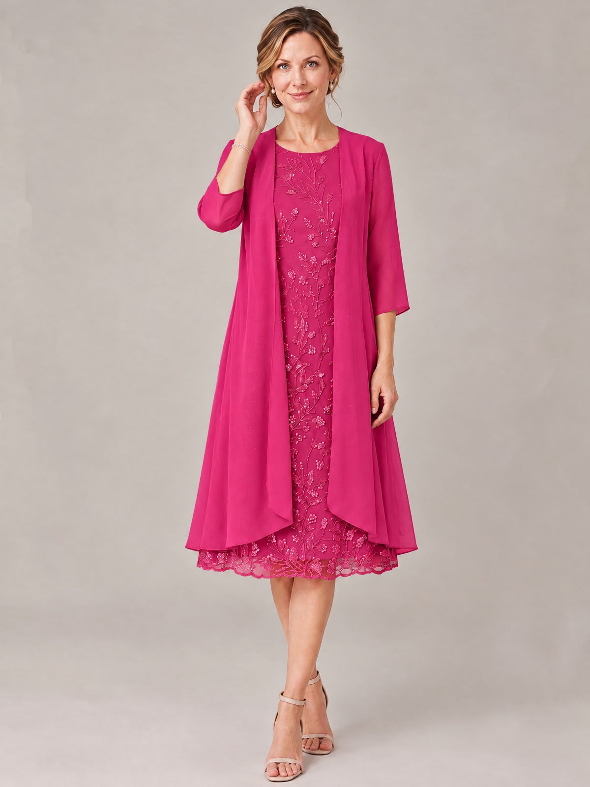 Tea Length Sequin Lace Mother of The Bride Dress with Chiffon Jacket
