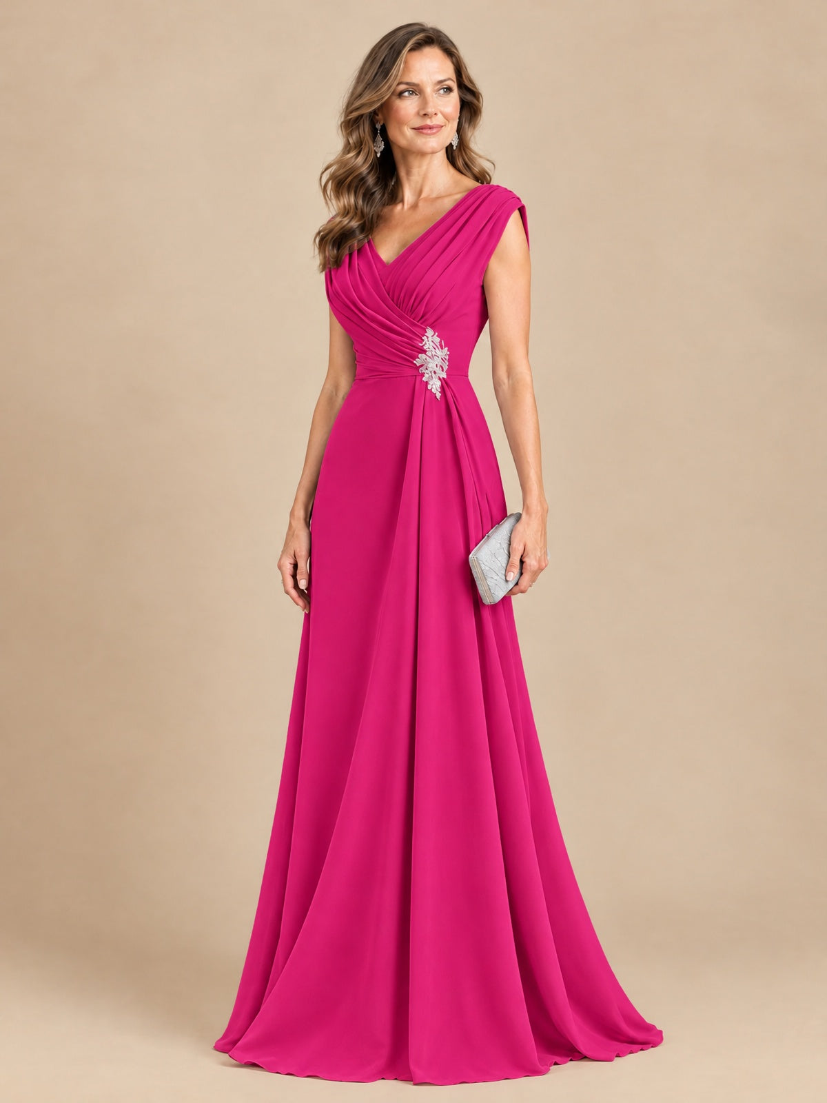 V Neck Pleated Mother of The Bride Dresses with Beading Cap Sleeves