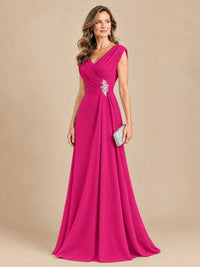 V Neck Pleated Mother of The Bride Dresses with Beading Cap Sleeves