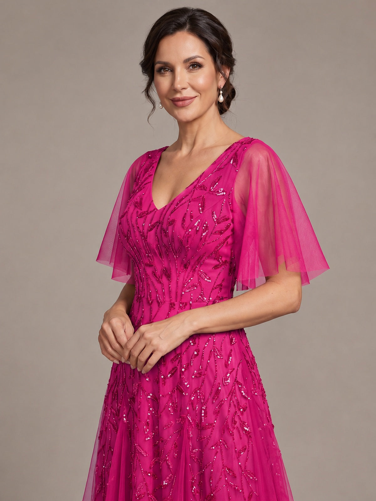 V-Neck Sequin Tulle Mother of the Bride Dress with Flutter Sleeve