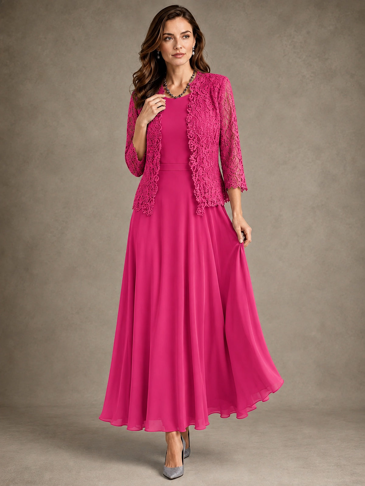 2-Piece Chiffon Mother of the Bride Dress with Lace Jacket